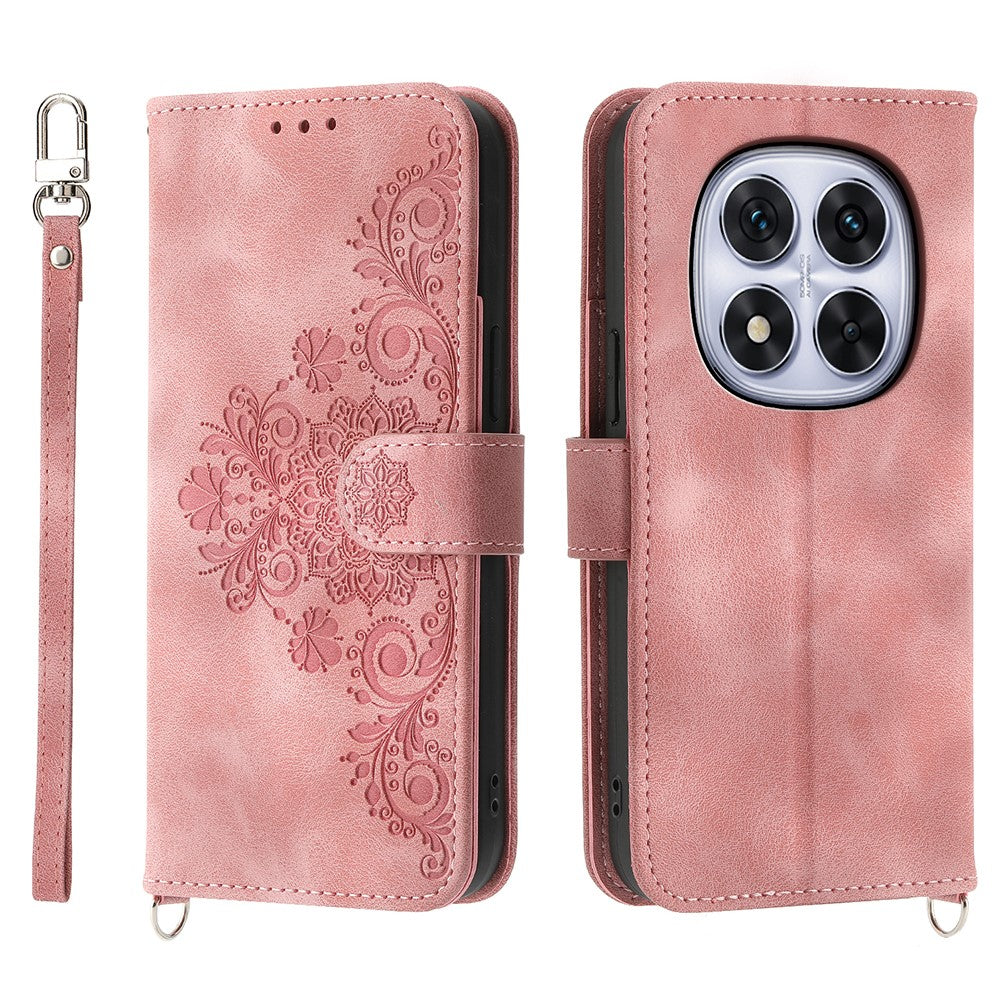 For Xiaomi Redmi Note 15 Pro 5G (Global) Case Flower Pattern PU Leather Wallet Phone Cover with Strap - Pink