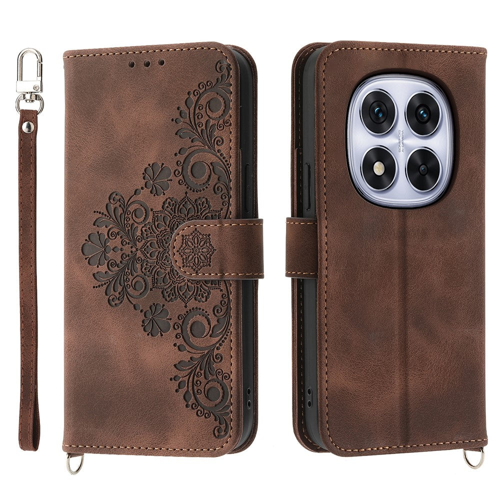 For Xiaomi Poco M8 Pro 5G / Redmi Note 15 Pro+ 5G (Global) Case Flower Pattern PU Leather Wallet Phone Cover with Strap - Brown