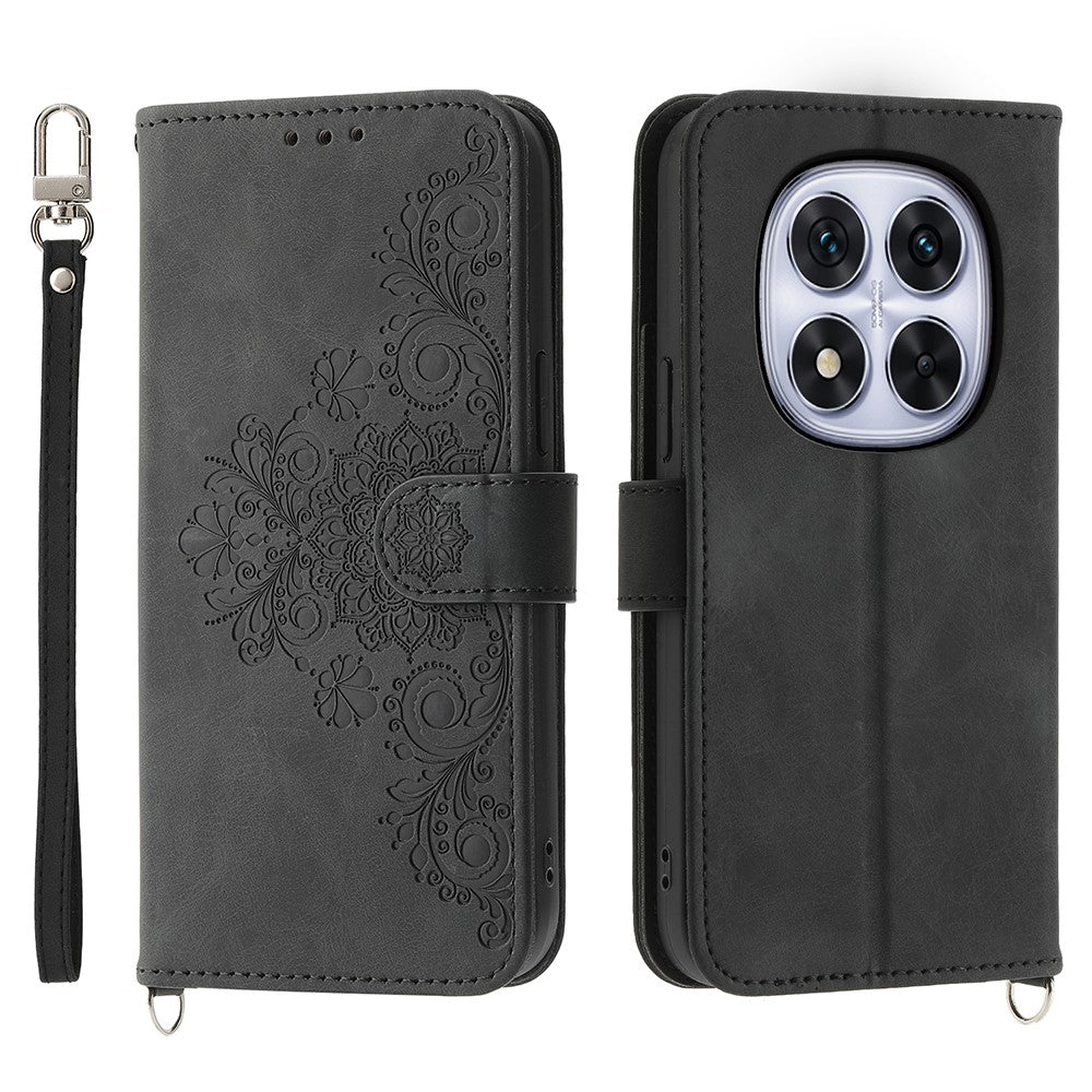 For Xiaomi Poco M8 Pro 5G / Redmi Note 15 Pro+ 5G (Global) Case Flower Pattern PU Leather Wallet Phone Cover with Strap - Black