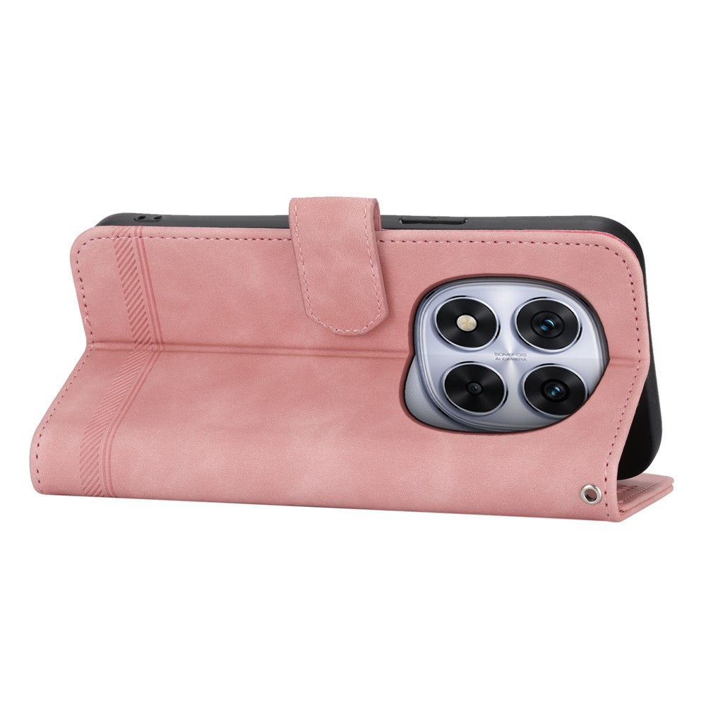 DIERFENG DF-03 For Xiaomi Redmi Note 15 Pro 5G (Global) Case Lines Imprint Wallet Leather Phone Cover with Wrist Strap - Pink