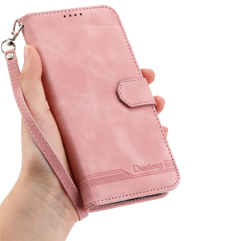 DIERFENG DF-03 For Xiaomi Redmi Note 15 Pro 5G (Global) Case Lines Imprint Wallet Leather Phone Cover with Wrist Strap - Pink