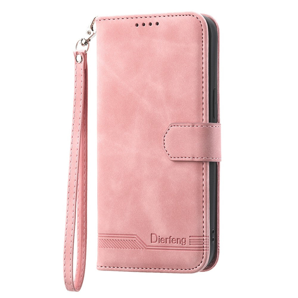 DIERFENG DF-03 For Xiaomi Redmi Note 15 Pro 5G (Global) Case Lines Imprint Wallet Leather Phone Cover with Wrist Strap - Pink