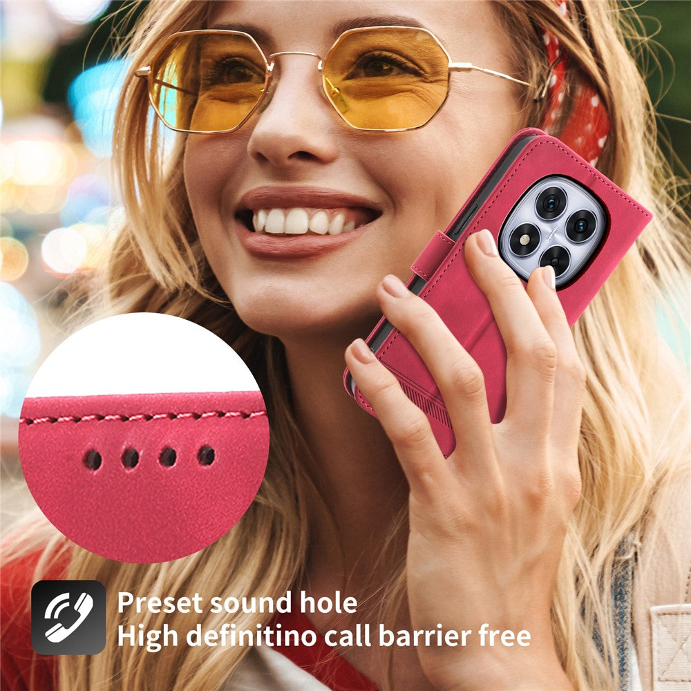 DIERFENG DF-03 For Xiaomi Redmi Note 15 Pro 5G (Global) Case Lines Imprint Wallet Leather Phone Cover with Wrist Strap - Red