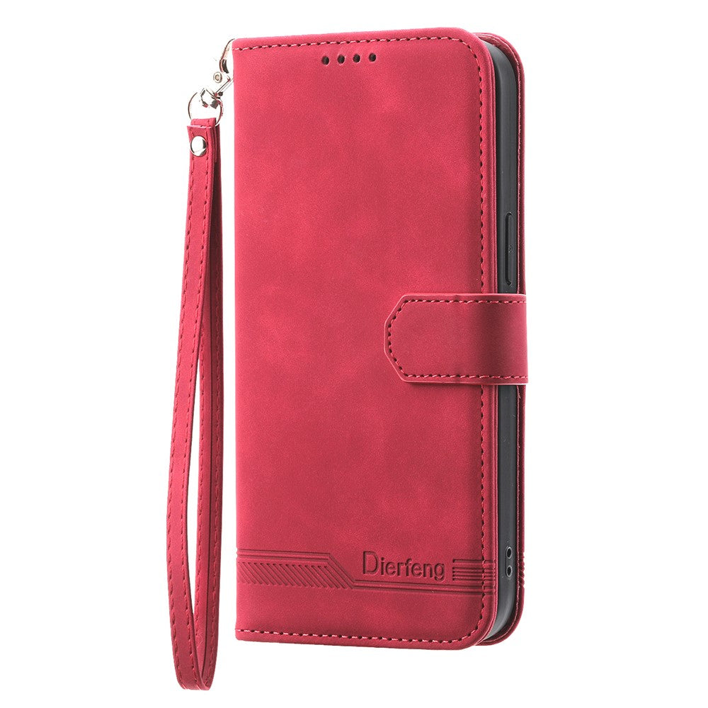 DIERFENG DF-03 For Xiaomi Redmi Note 15 Pro 5G (Global) Case Lines Imprint Wallet Leather Phone Cover with Wrist Strap - Red