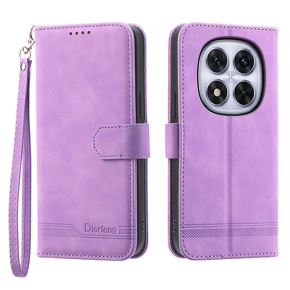 DIERFENG DF-03 For Xiaomi Redmi Note 15 Pro 5G (Global) Case Lines Imprint Wallet Leather Phone Cover with Wrist Strap - Purple