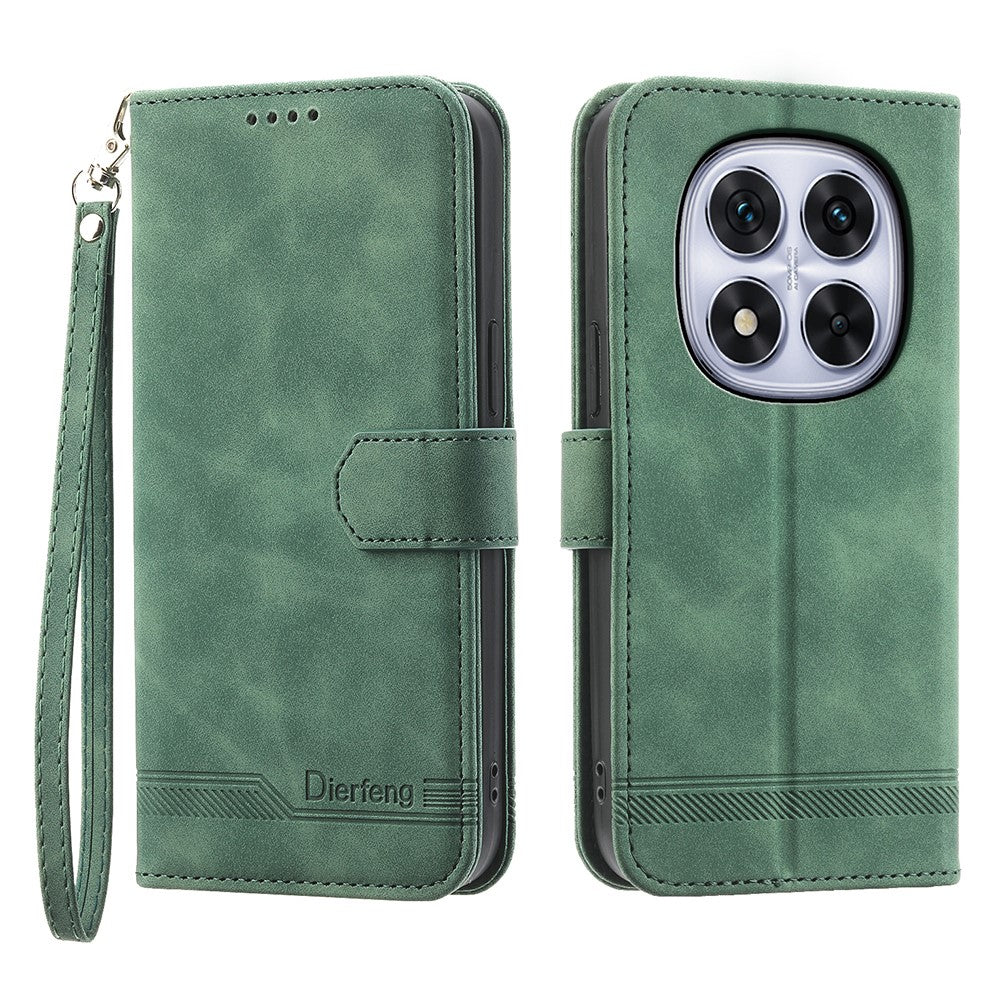 DIERFENG DF-03 For Xiaomi Redmi Note 15 Pro 5G (Global) Case Lines Imprint Wallet Leather Phone Cover with Wrist Strap - Green