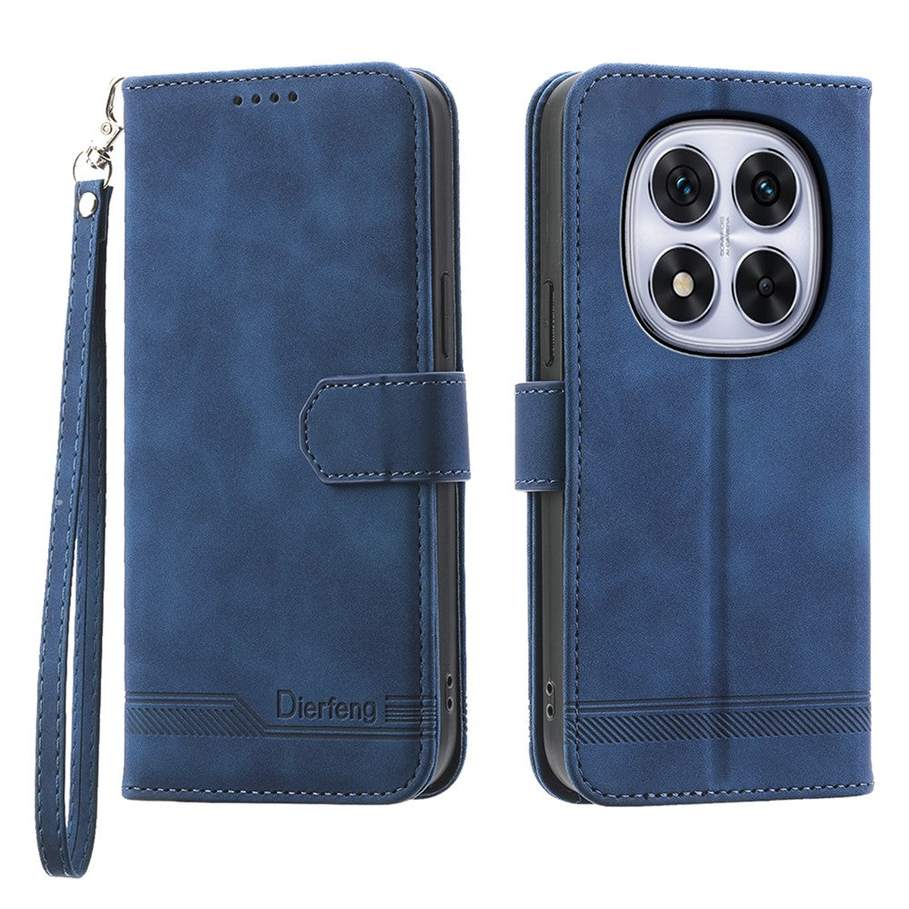 DIERFENG DF-03 For Xiaomi Redmi Note 15 Pro 5G (Global) Case Lines Imprint Wallet Leather Phone Cover with Wrist Strap - Blue