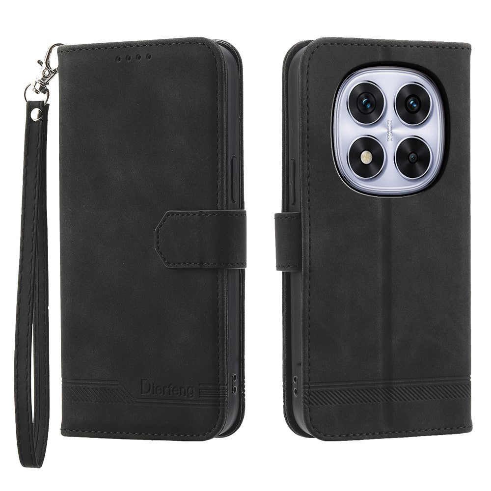 DIERFENG DF-03 For Xiaomi Poco M8 Pro 5G / Redmi Note 15 Pro+ 5G (Global) Case Lines Imprint Wallet Leather Phone Cover with Wrist Strap - Black