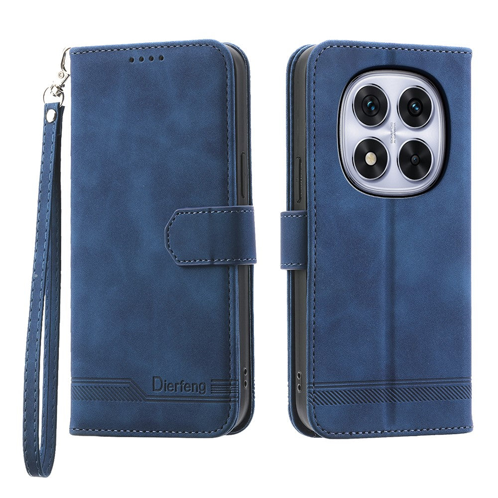 DIERFENG DF-03 For Xiaomi Poco M8 Pro 5G / Redmi Note 15 Pro+ 5G (Global) Case Lines Imprint Wallet Leather Phone Cover with Wrist Strap - Blue