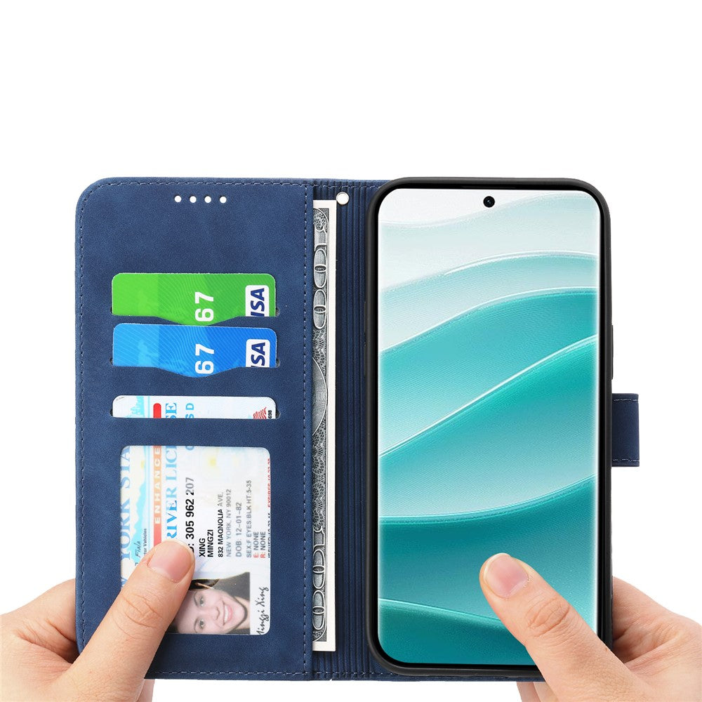 DIERFENG DF-03 For Xiaomi Poco M8 Pro 5G / Redmi Note 15 Pro+ 5G (Global) Case Lines Imprint Wallet Leather Phone Cover with Wrist Strap - Blue