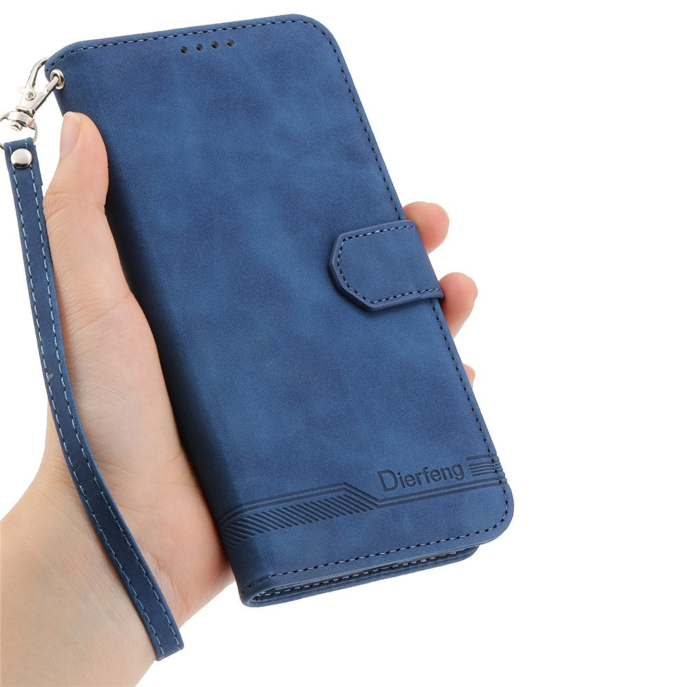 DIERFENG DF-03 For Xiaomi Poco M8 Pro 5G / Redmi Note 15 Pro+ 5G (Global) Case Lines Imprint Wallet Leather Phone Cover with Wrist Strap - Blue