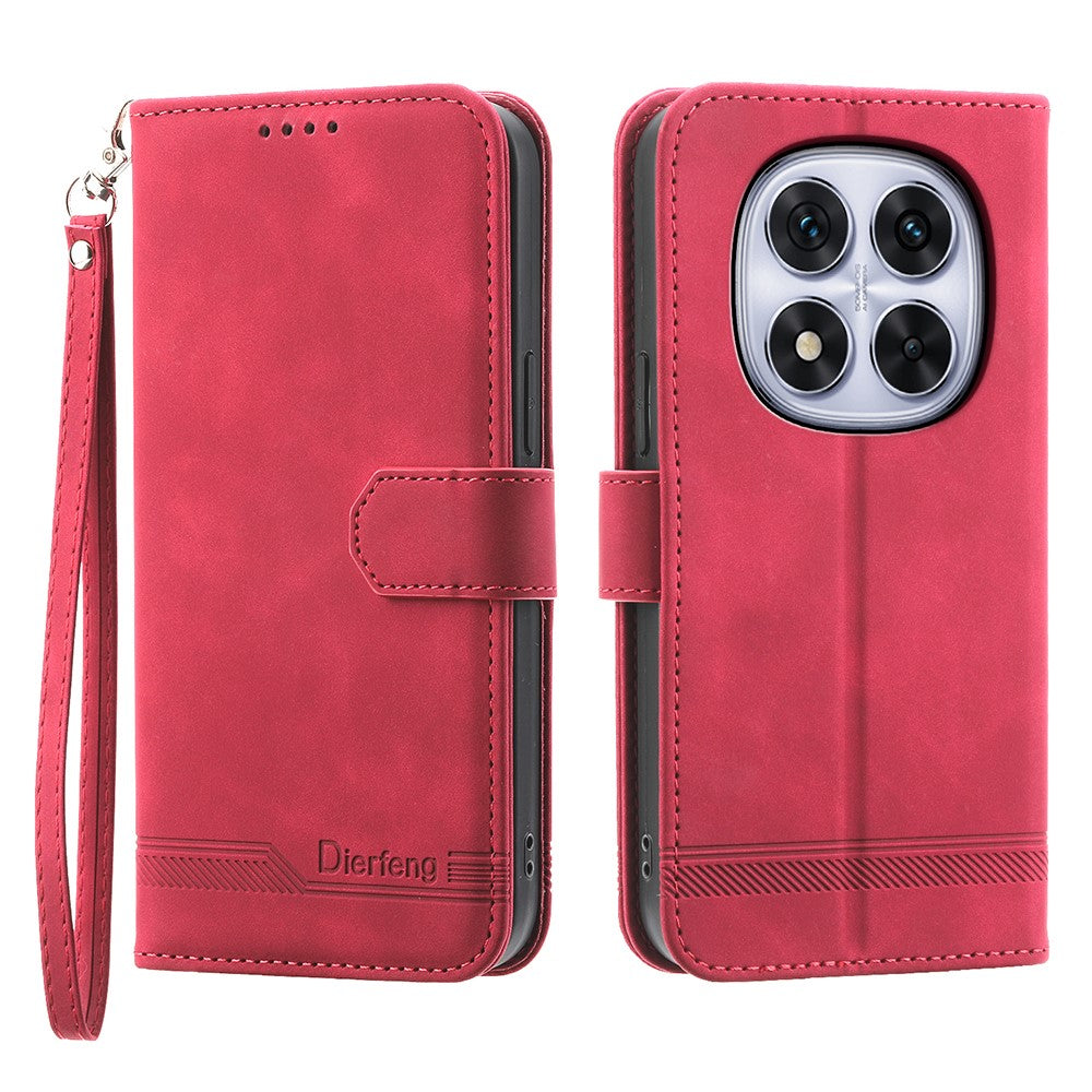 DIERFENG DF-03 For Xiaomi Poco M8 Pro 5G / Redmi Note 15 Pro+ 5G (Global) Case Lines Imprint Wallet Leather Phone Cover with Wrist Strap - Red