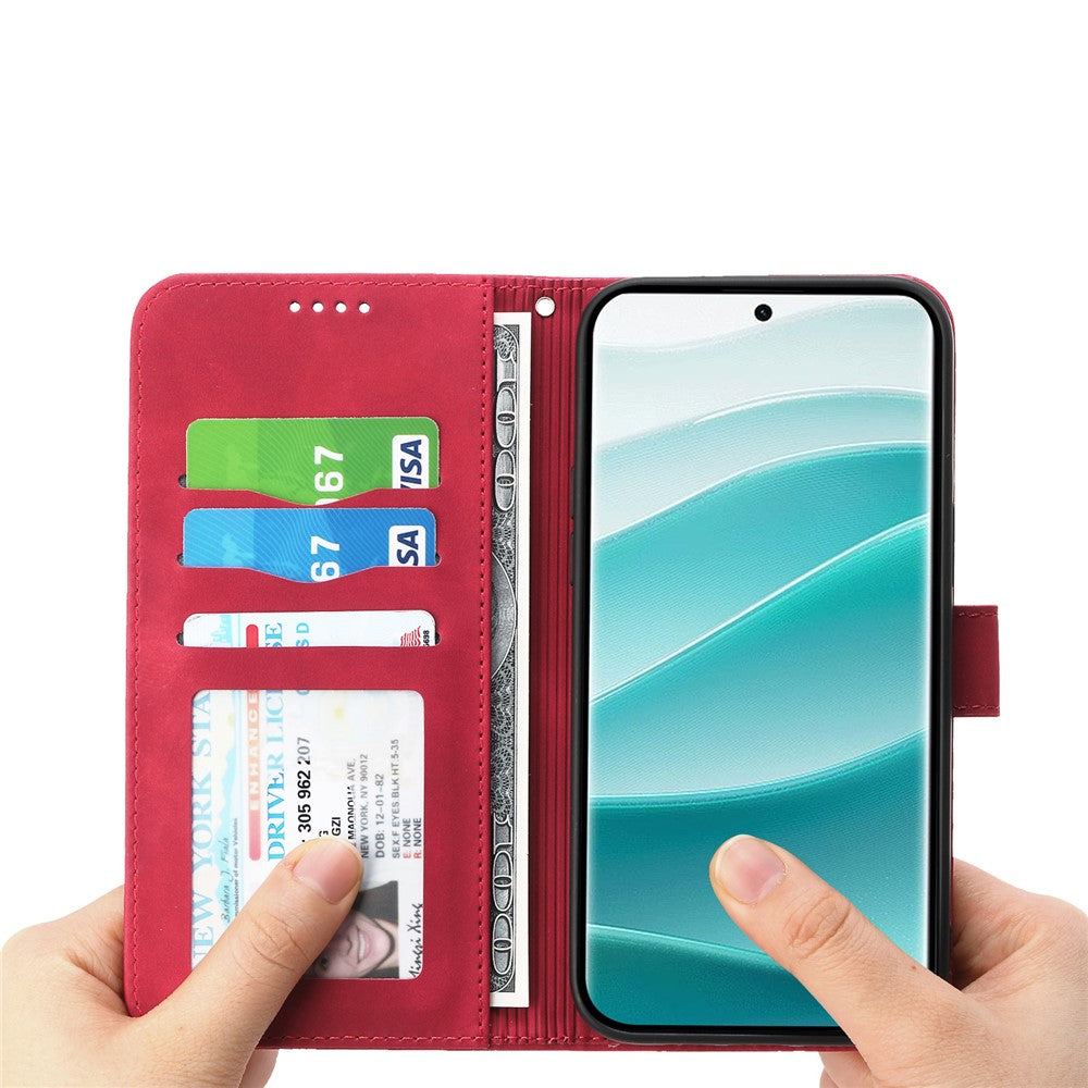 DIERFENG DF-03 For Xiaomi Poco M8 Pro 5G / Redmi Note 15 Pro+ 5G (Global) Case Lines Imprint Wallet Leather Phone Cover with Wrist Strap - Red