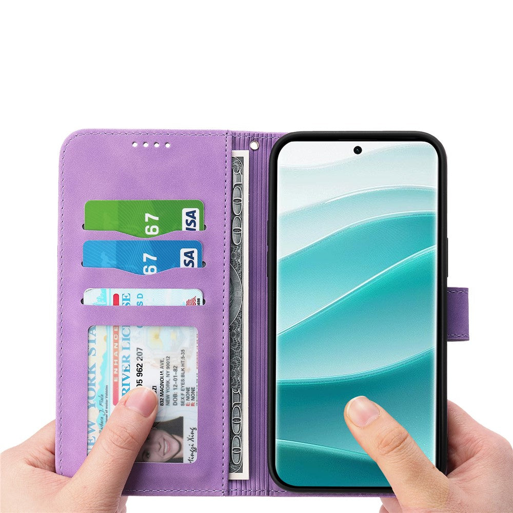 DIERFENG DF-03 For Xiaomi Poco M8 Pro 5G / Redmi Note 15 Pro+ 5G (Global) Case Lines Imprint Wallet Leather Phone Cover with Wrist Strap - Purple