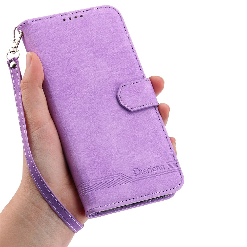 DIERFENG DF-03 For Xiaomi Poco M8 Pro 5G / Redmi Note 15 Pro+ 5G (Global) Case Lines Imprint Wallet Leather Phone Cover with Wrist Strap - Purple