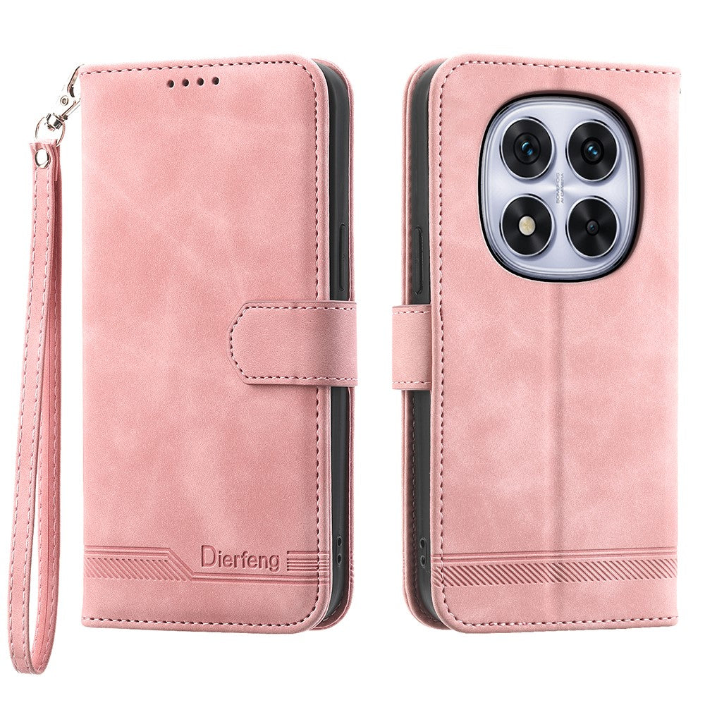 DIERFENG DF-03 For Xiaomi Poco M8 Pro 5G / Redmi Note 15 Pro+ 5G (Global) Case Lines Imprint Wallet Leather Phone Cover with Wrist Strap - Pink