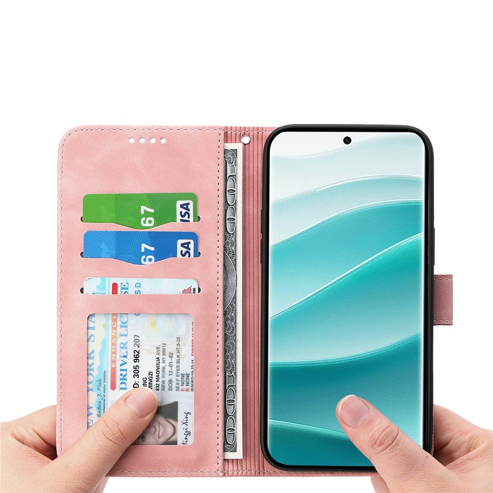 DIERFENG DF-03 For Xiaomi Poco M8 Pro 5G / Redmi Note 15 Pro+ 5G (Global) Case Lines Imprint Wallet Leather Phone Cover with Wrist Strap - Pink