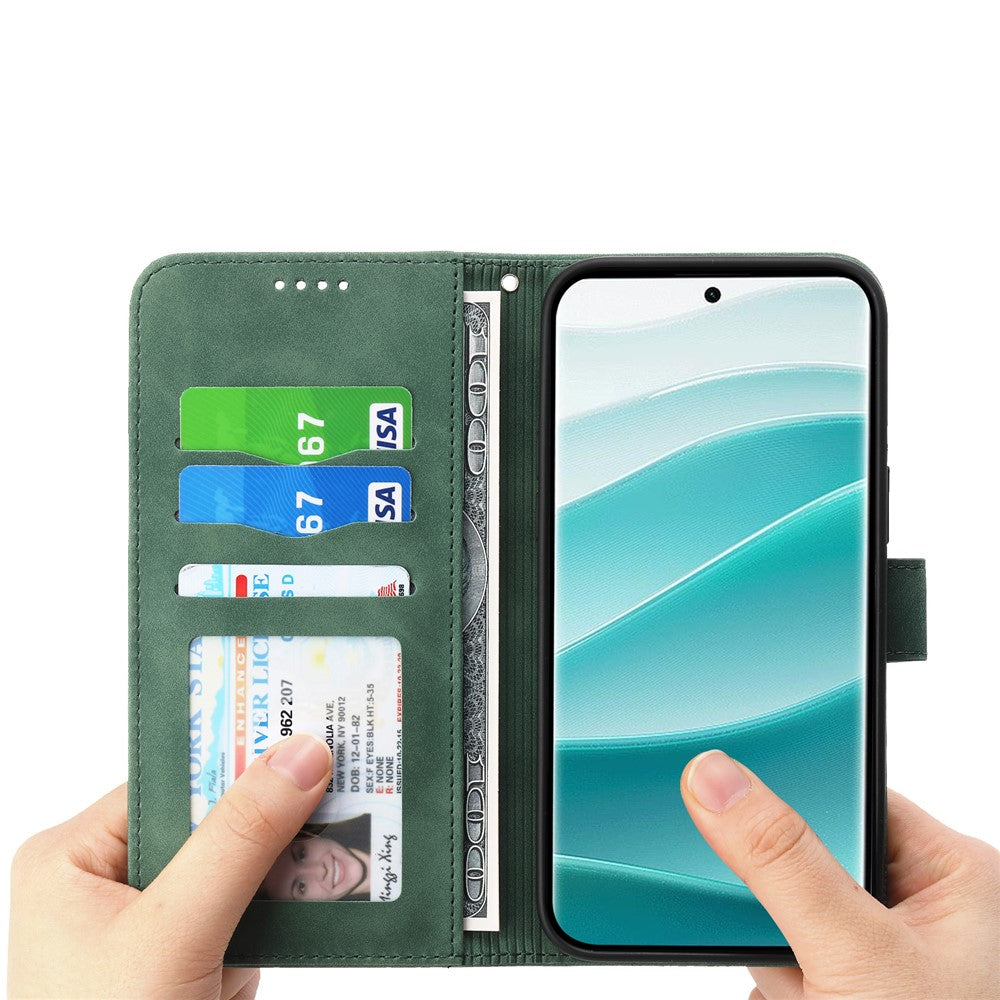 DIERFENG DF-03 For Xiaomi Poco M8 Pro 5G / Redmi Note 15 Pro+ 5G (Global) Case Lines Imprint Wallet Leather Phone Cover with Wrist Strap - Green