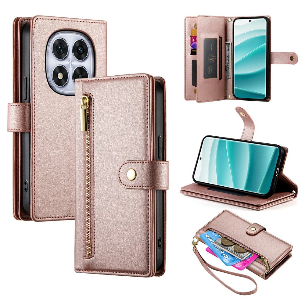 For Xiaomi Redmi Note 15 Pro 5G (Global) Case Zipper Pocket Wallet Leather Phone Cover with Straps - Pink