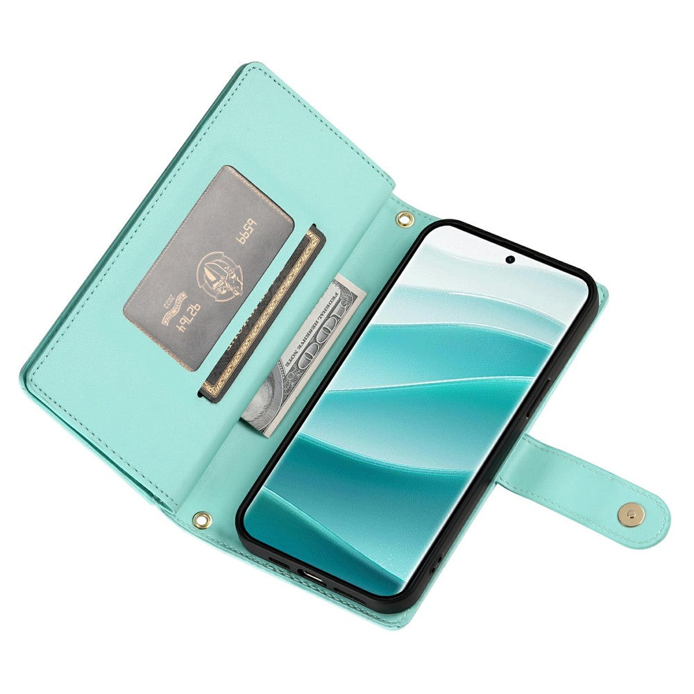 For Xiaomi Redmi Note 15 Pro 5G (Global) Case Zipper Pocket Wallet Leather Phone Cover with Straps - Mint Green