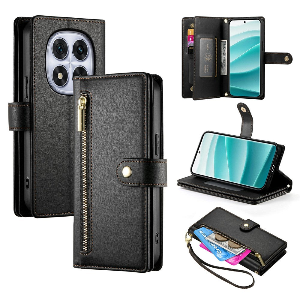 For Xiaomi Redmi Note 15 Pro 5G (Global) Case Zipper Pocket Wallet Leather Phone Cover with Straps - Black