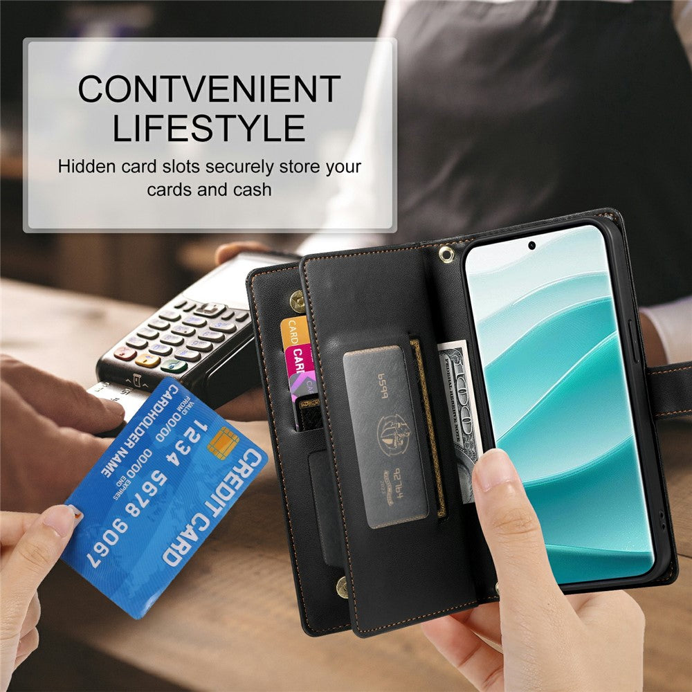 For Xiaomi Redmi Note 15 Pro 5G (Global) Case Zipper Pocket Wallet Leather Phone Cover with Straps - Black