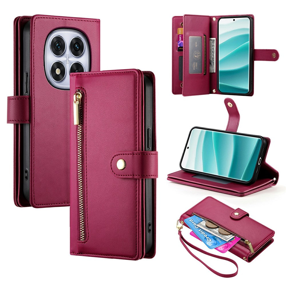 For Xiaomi Poco M8 Pro 5G / Redmi Note 15 Pro+ 5G (Global) Case Zipper Pocket Wallet Leather Phone Cover with Straps - Red