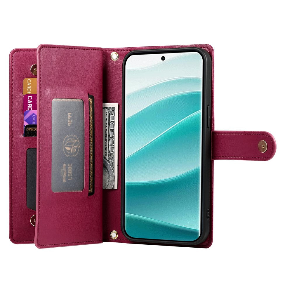 For Xiaomi Poco M8 Pro 5G / Redmi Note 15 Pro+ 5G (Global) Case Zipper Pocket Wallet Leather Phone Cover with Straps - Red