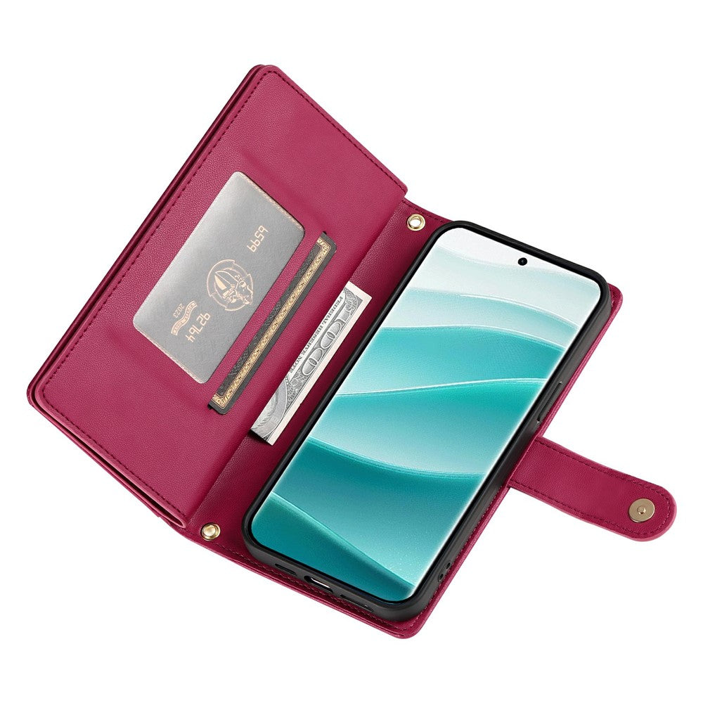 For Xiaomi Poco M8 Pro 5G / Redmi Note 15 Pro+ 5G (Global) Case Zipper Pocket Wallet Leather Phone Cover with Straps - Red