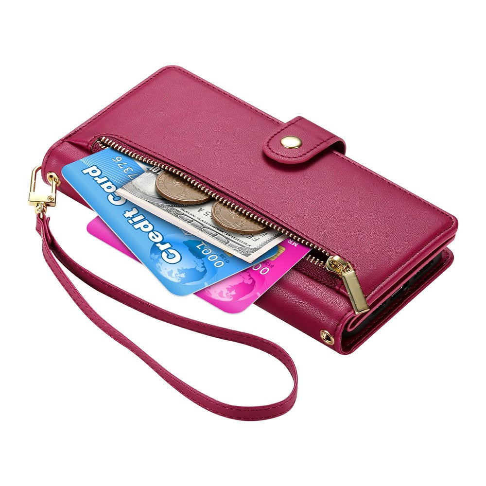 For Xiaomi Poco M8 Pro 5G / Redmi Note 15 Pro+ 5G (Global) Case Zipper Pocket Wallet Leather Phone Cover with Straps - Red