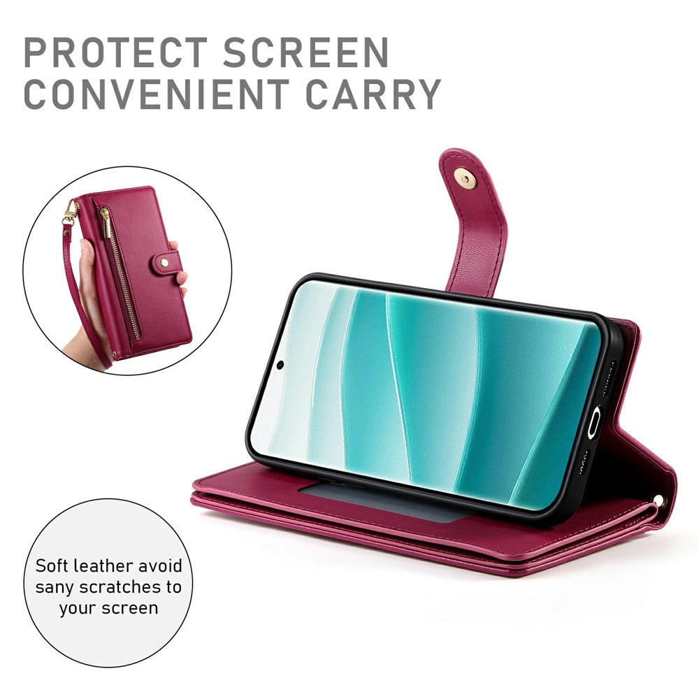 For Xiaomi Poco M8 Pro 5G / Redmi Note 15 Pro+ 5G (Global) Case Zipper Pocket Wallet Leather Phone Cover with Straps - Red