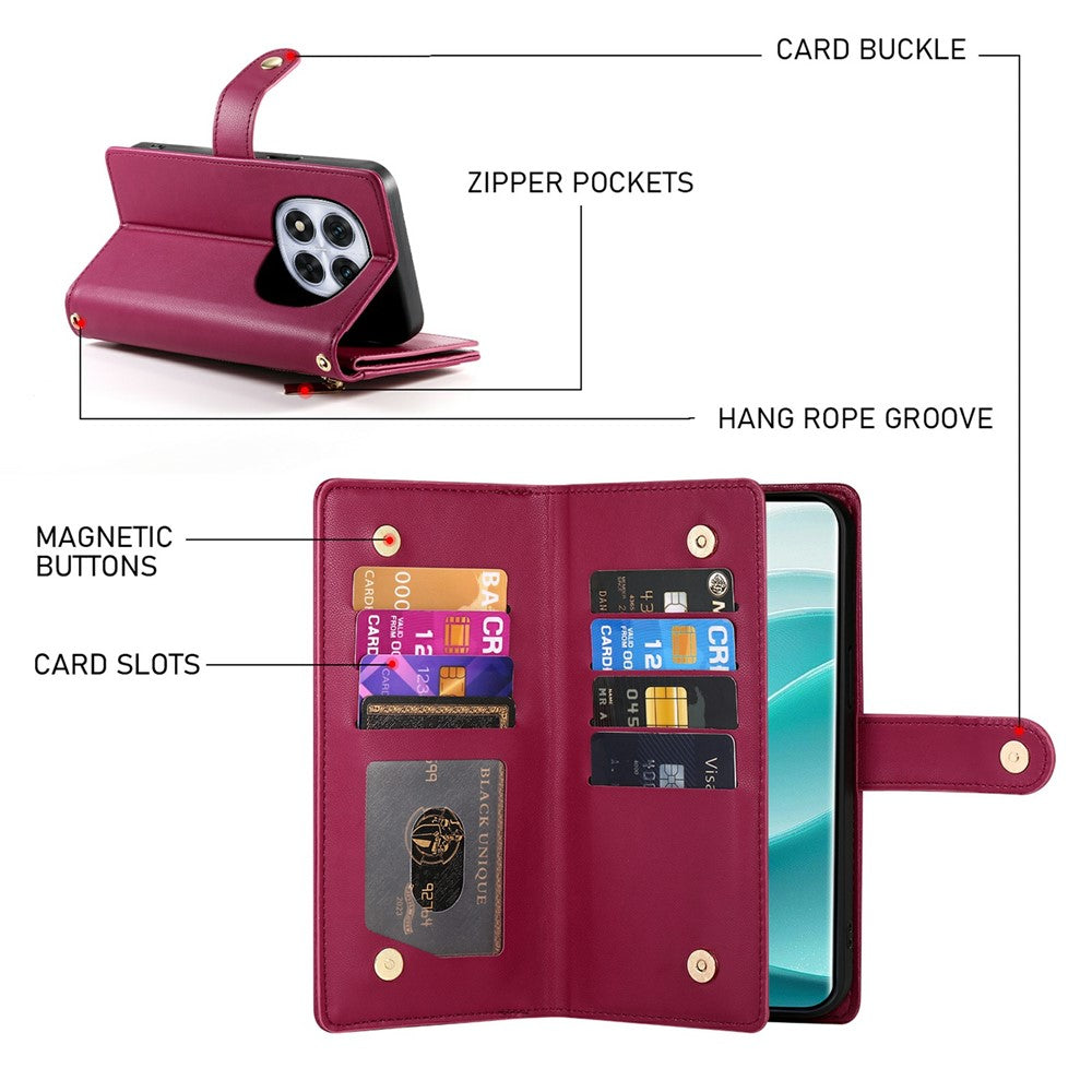 For Xiaomi Poco M8 Pro 5G / Redmi Note 15 Pro+ 5G (Global) Case Zipper Pocket Wallet Leather Phone Cover with Straps - Red