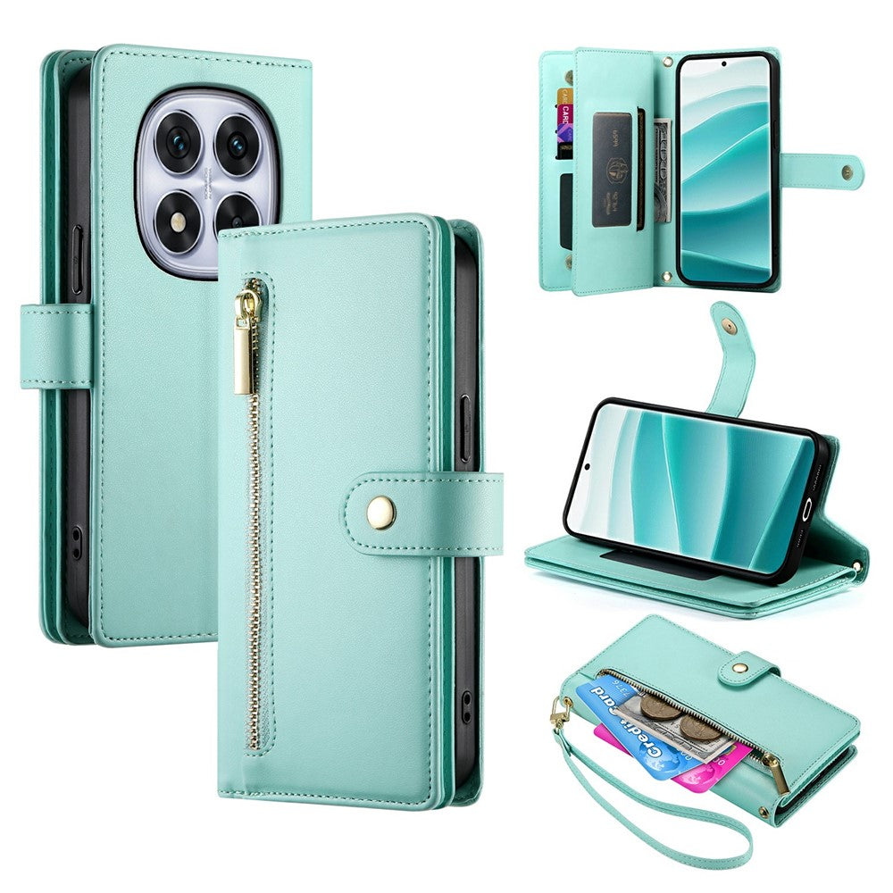 For Xiaomi Poco M8 Pro 5G / Redmi Note 15 Pro+ 5G (Global) Case Zipper Pocket Wallet Leather Phone Cover with Straps - Mint Green