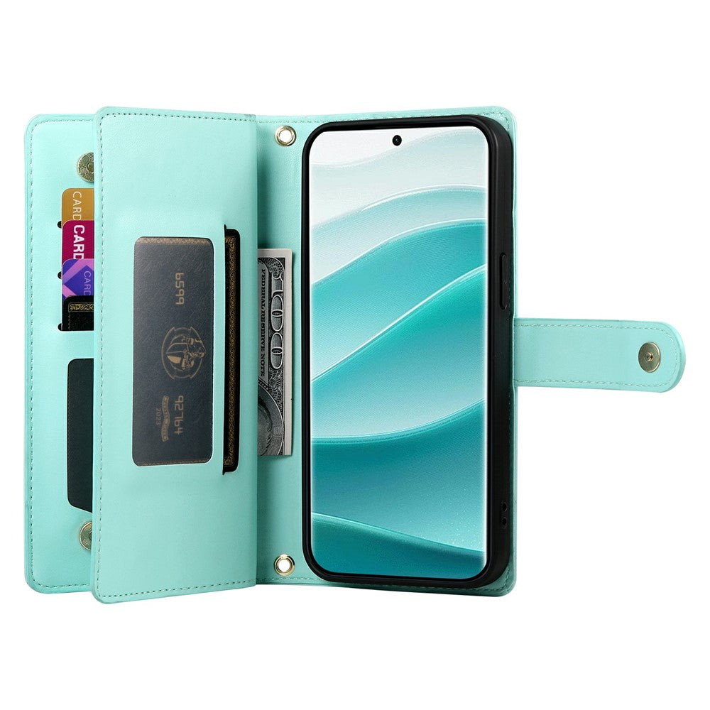 For Xiaomi Poco M8 Pro 5G / Redmi Note 15 Pro+ 5G (Global) Case Zipper Pocket Wallet Leather Phone Cover with Straps - Mint Green
