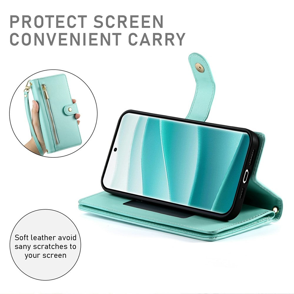 For Xiaomi Poco M8 Pro 5G / Redmi Note 15 Pro+ 5G (Global) Case Zipper Pocket Wallet Leather Phone Cover with Straps - Mint Green