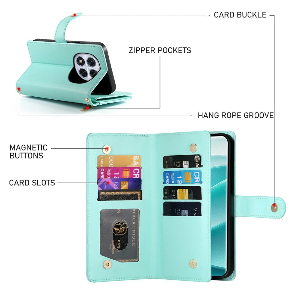 For Xiaomi Poco M8 Pro 5G / Redmi Note 15 Pro+ 5G (Global) Case Zipper Pocket Wallet Leather Phone Cover with Straps - Mint Green