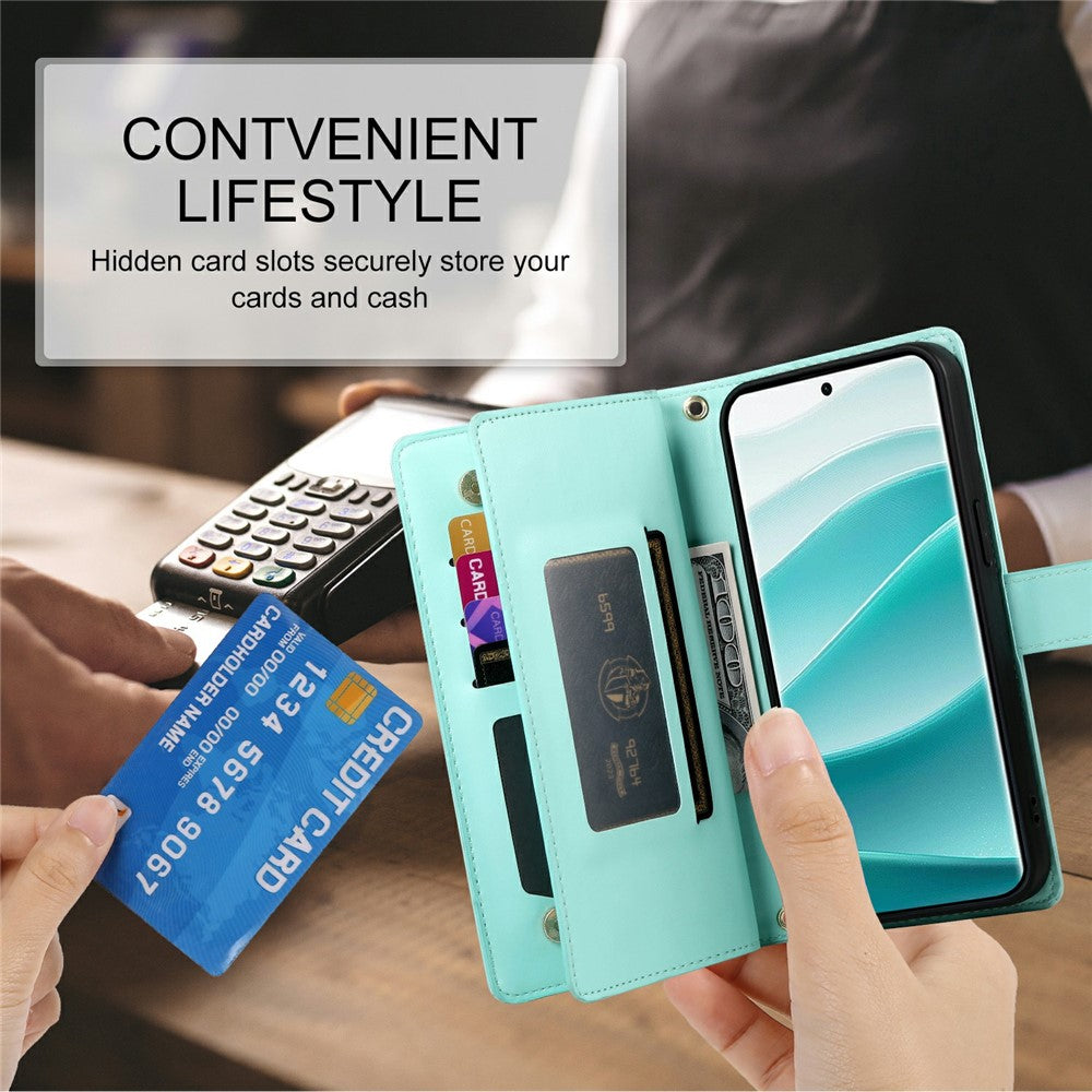 For Xiaomi Poco M8 Pro 5G / Redmi Note 15 Pro+ 5G (Global) Case Zipper Pocket Wallet Leather Phone Cover with Straps - Mint Green