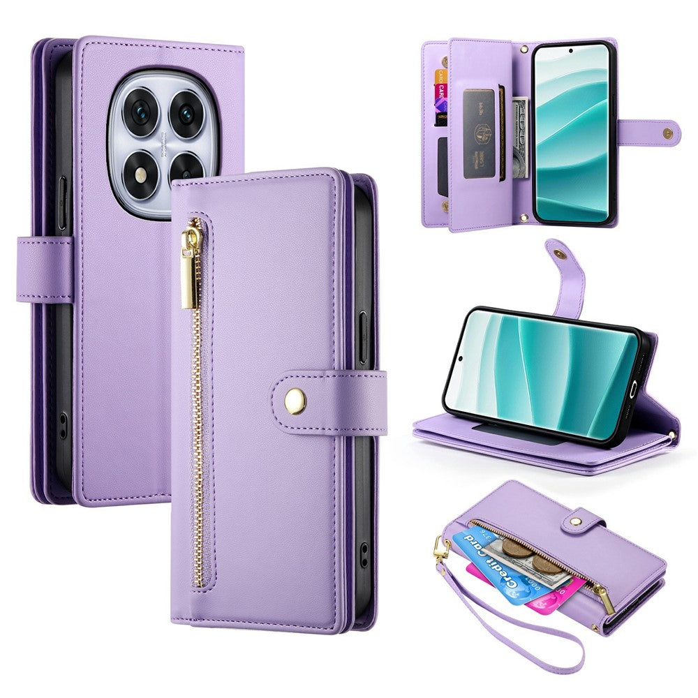 For Xiaomi Poco M8 Pro 5G / Redmi Note 15 Pro+ 5G (Global) Case Zipper Pocket Wallet Leather Phone Cover with Straps - Purple