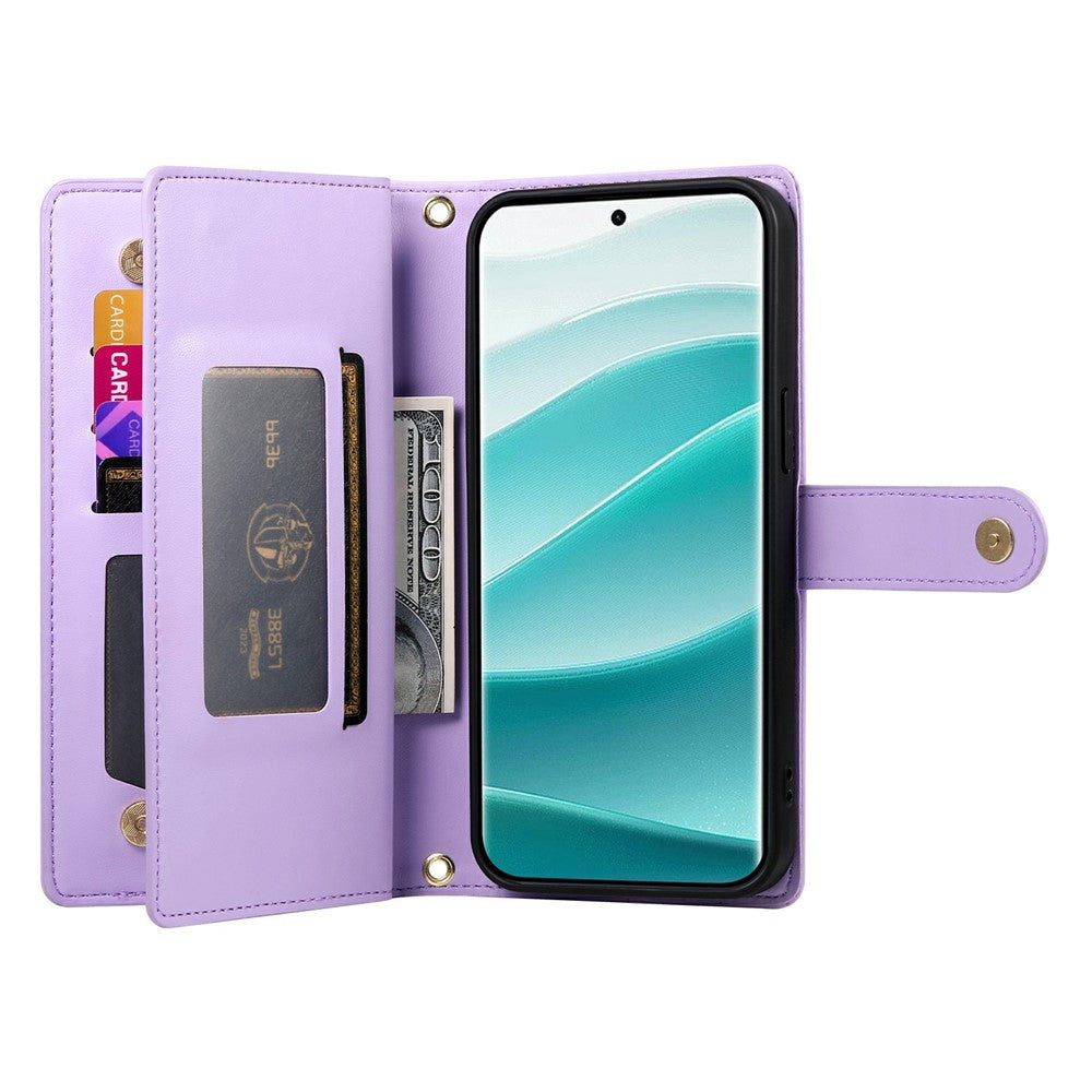 For Xiaomi Poco M8 Pro 5G / Redmi Note 15 Pro+ 5G (Global) Case Zipper Pocket Wallet Leather Phone Cover with Straps - Purple