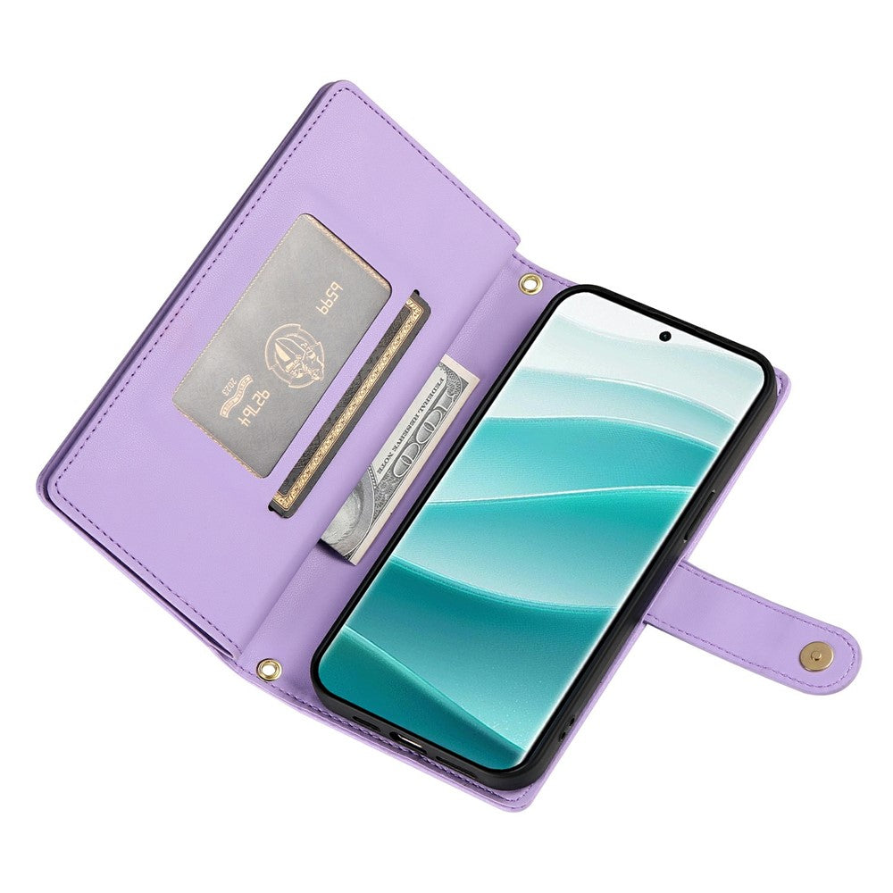 For Xiaomi Poco M8 Pro 5G / Redmi Note 15 Pro+ 5G (Global) Case Zipper Pocket Wallet Leather Phone Cover with Straps - Purple