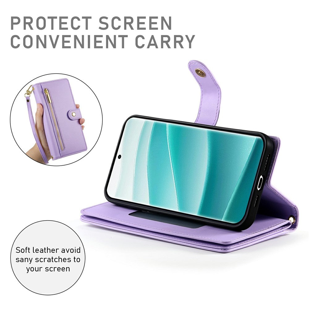 For Xiaomi Poco M8 Pro 5G / Redmi Note 15 Pro+ 5G (Global) Case Zipper Pocket Wallet Leather Phone Cover with Straps - Purple