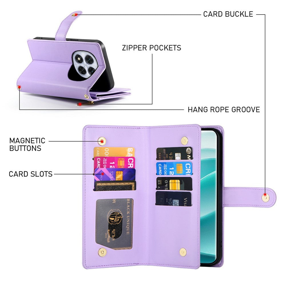For Xiaomi Poco M8 Pro 5G / Redmi Note 15 Pro+ 5G (Global) Case Zipper Pocket Wallet Leather Phone Cover with Straps - Purple