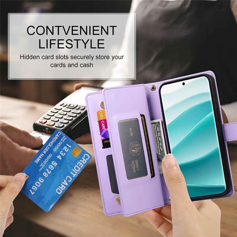 For Xiaomi Poco M8 Pro 5G / Redmi Note 15 Pro+ 5G (Global) Case Zipper Pocket Wallet Leather Phone Cover with Straps - Purple