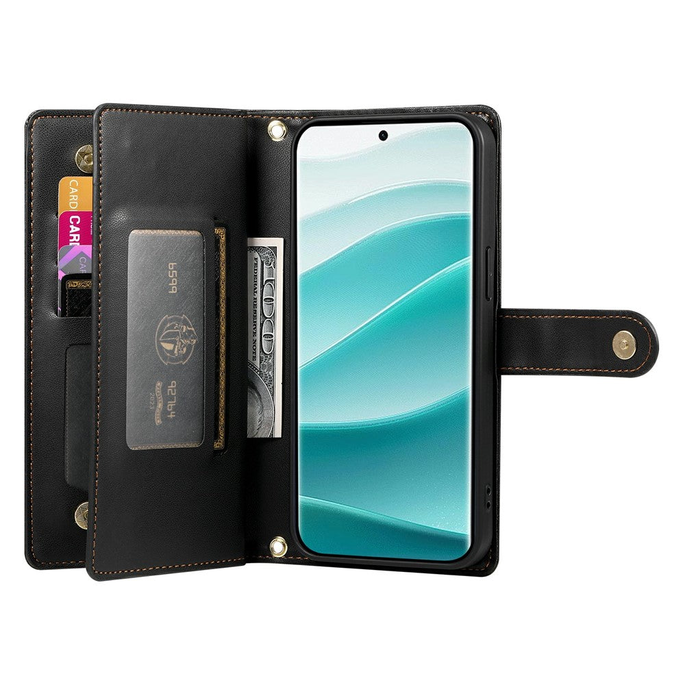 For Xiaomi Poco M8 Pro 5G / Redmi Note 15 Pro+ 5G (Global) Case Zipper Pocket Wallet Leather Phone Cover with Straps - Black
