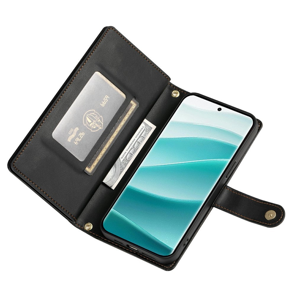 For Xiaomi Poco M8 Pro 5G / Redmi Note 15 Pro+ 5G (Global) Case Zipper Pocket Wallet Leather Phone Cover with Straps - Black