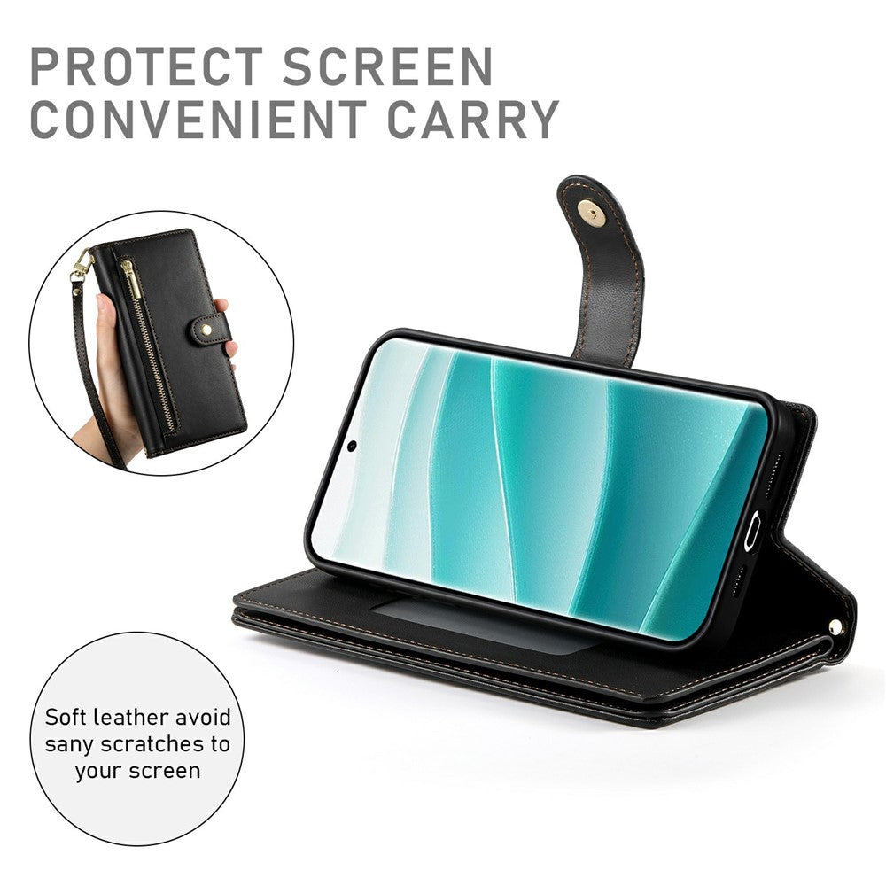 For Xiaomi Poco M8 Pro 5G / Redmi Note 15 Pro+ 5G (Global) Case Zipper Pocket Wallet Leather Phone Cover with Straps - Black
