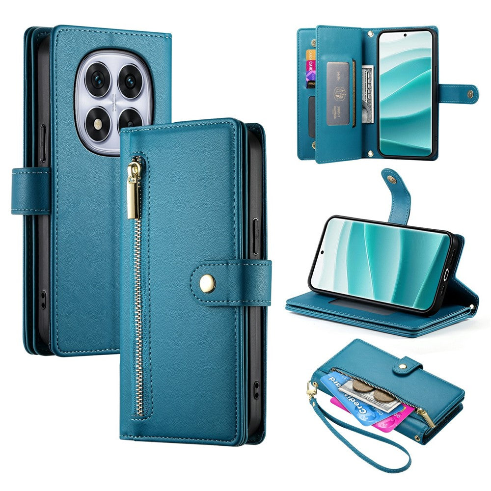 For Xiaomi Poco M8 Pro 5G / Redmi Note 15 Pro+ 5G (Global) Case Zipper Pocket Wallet Leather Phone Cover with Straps - Blue
