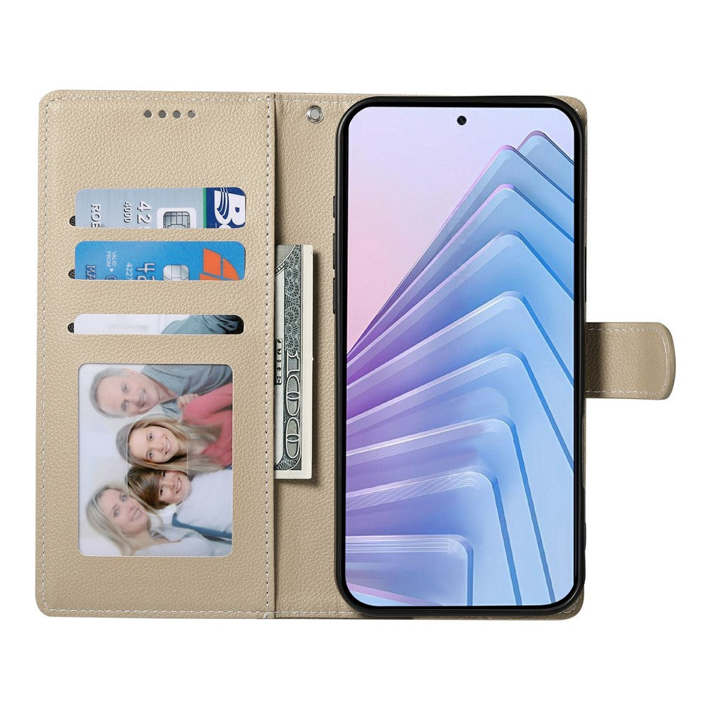 For Xiaomi Redmi Note 15 Pro 5G (Global) Case Magnetic Snap Litchi Texture Leather Wallet Phone Cover with Wrist Strap - Apricot
