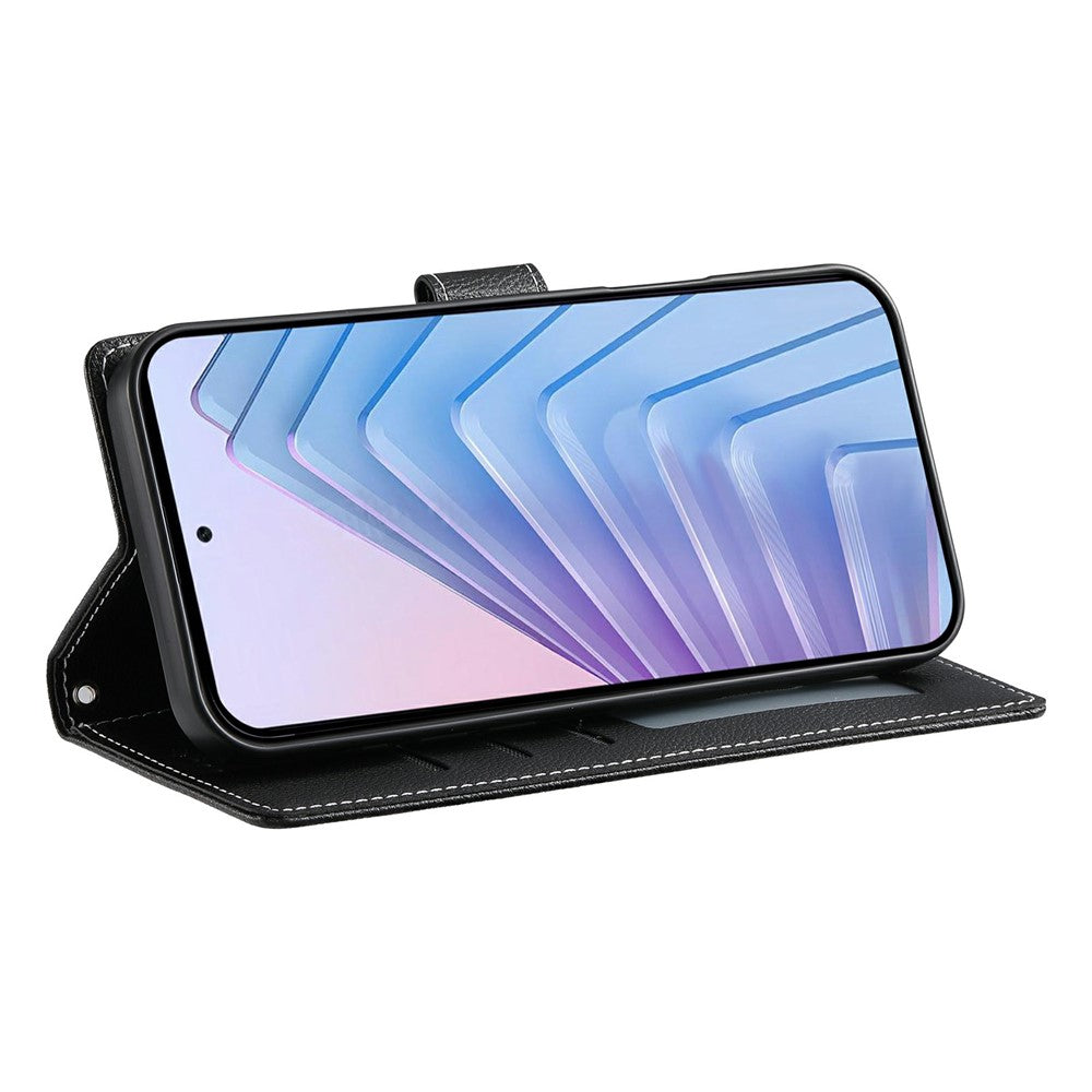 For Xiaomi Redmi Note 15 Pro 5G (Global) Case Magnetic Snap Litchi Texture Leather Wallet Phone Cover with Wrist Strap - Black