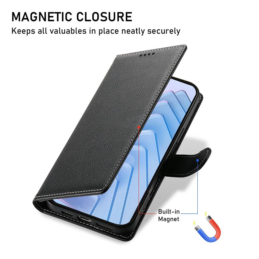 For Xiaomi Redmi Note 15 Pro 5G (Global) Case Magnetic Snap Litchi Texture Leather Wallet Phone Cover with Wrist Strap - Black